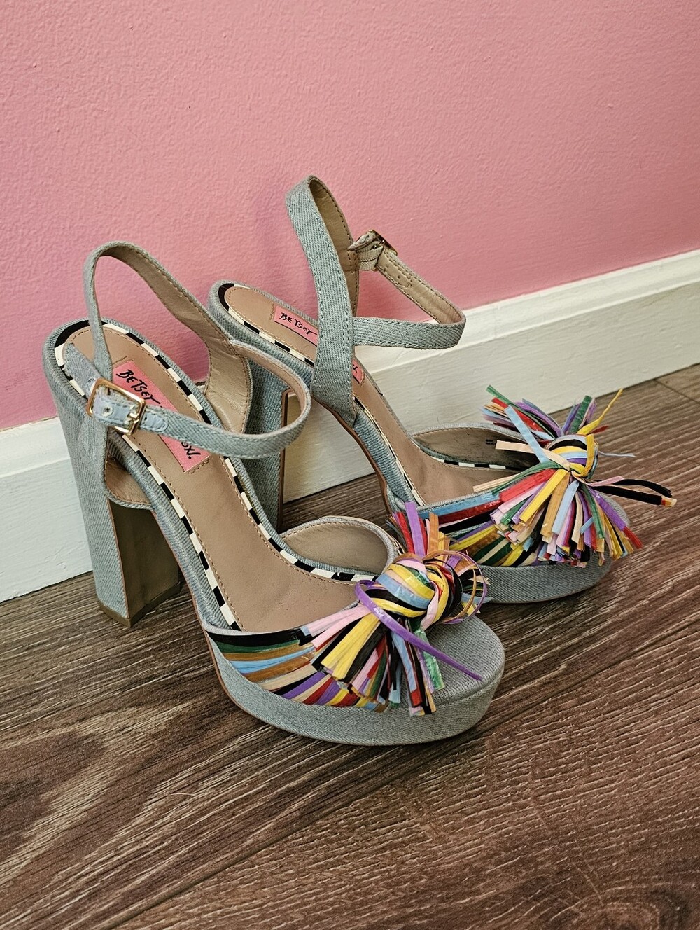 Betsey Johnson Light Gray Denim Mandy Platform Sandals with Multicolor Fringe